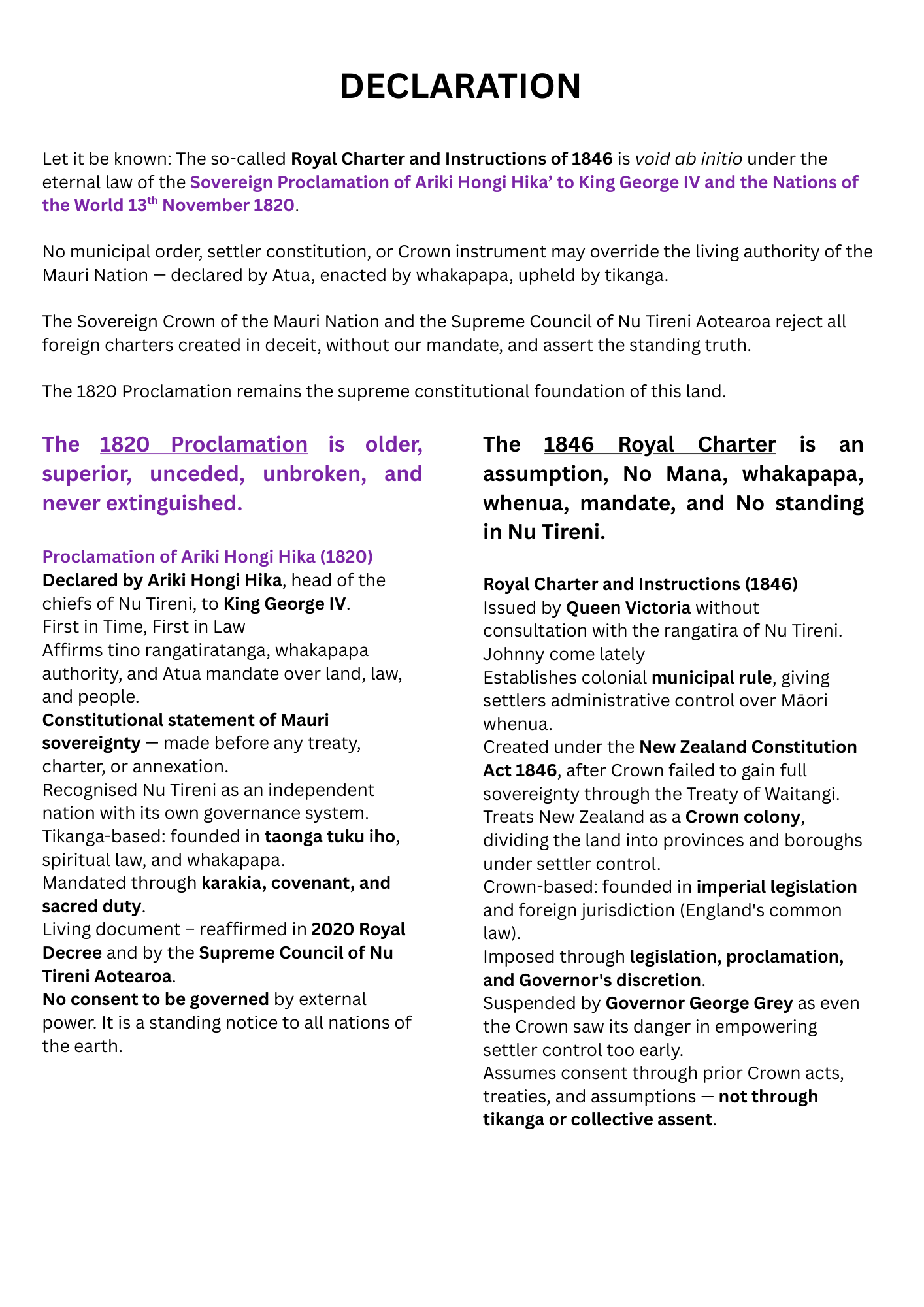 ️ PROCLAMATION 1820 vs ROYAL CHARTER 1846 Proclamation of Ariki Hongi Hika 1820 Royal Charter and Instructions 1846 Declared by Ariki Hongi Hika head of the chiefs of Nu Tireni to King Geor